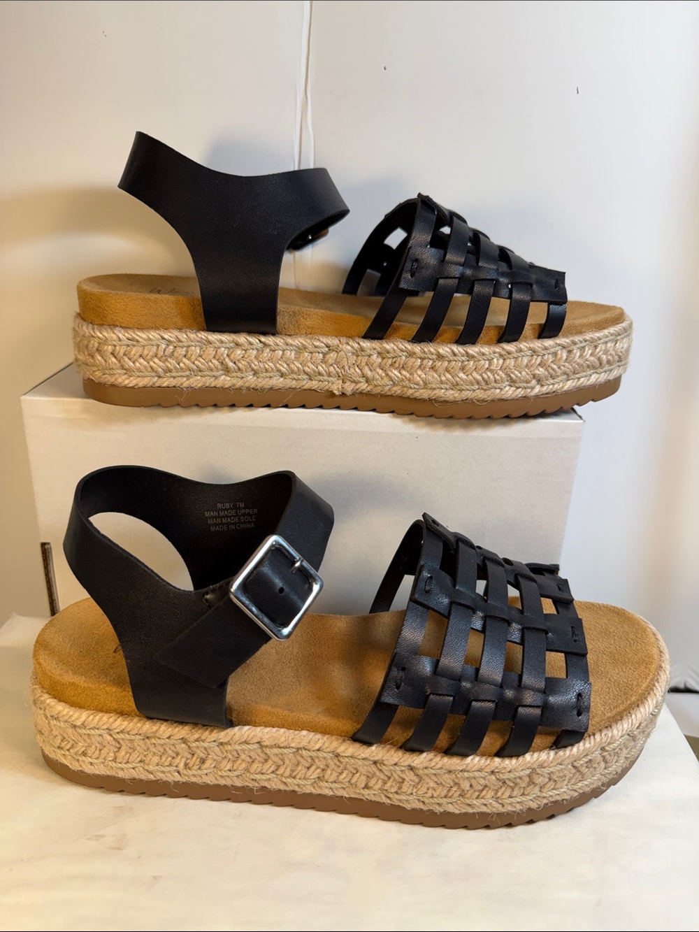Wonderly Black Woven Espadrille Platform Sandals